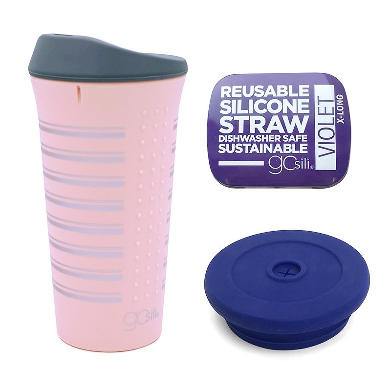 16oz環保杯(銀河粉)+吸管杯蓋+27cm矽膠吸管口袋組 - 咖啡杯 - 矽膠 粉紅色