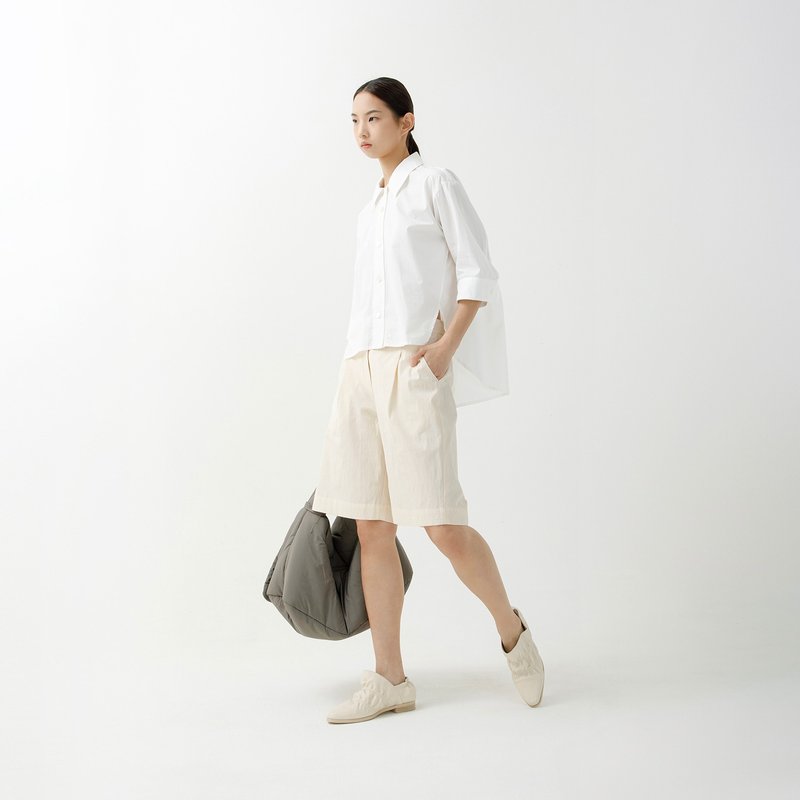 Stiff cotton pleated suit shorts - กางเกงขาสั้น - ผ้าฝ้าย/ผ้าลินิน ขาว