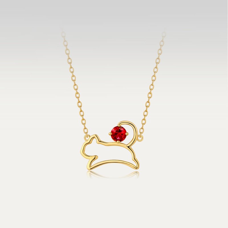 Pet Series [Meow Cat] Civet Guardian Silver\18k Gold Cultivated Pigeon Blood Ruby Pet Cat Necklace - Necklaces - Sterling Silver Gold