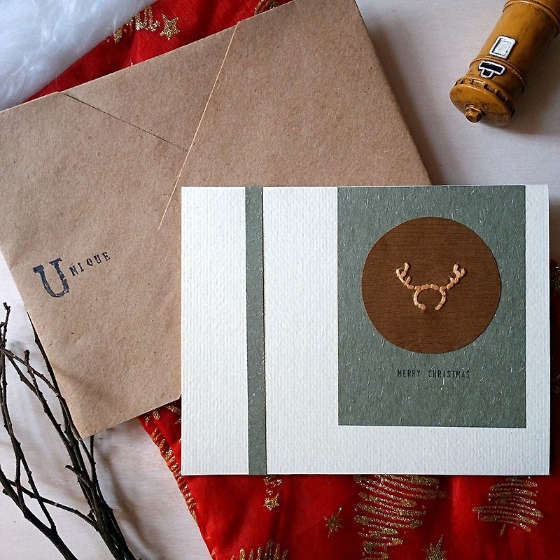 手縫圖像聖誕卡(聖誕鹿)(原稿) - 卡片/明信片 - 紙 多色