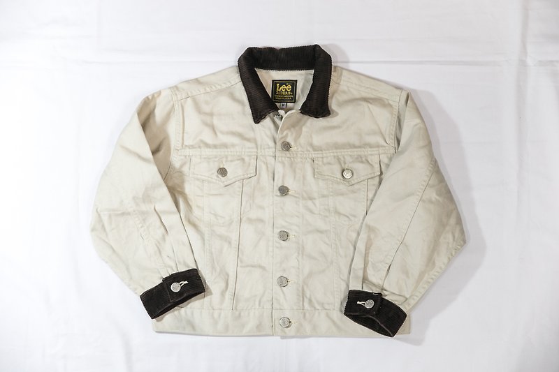 [3thclub Ming Ren Tang] Lee denim jacket short version corduroy collar 80s style Lees-003 - เสื้อแจ็คเก็ต - ผ้าฝ้าย/ผ้าลินิน ขาว