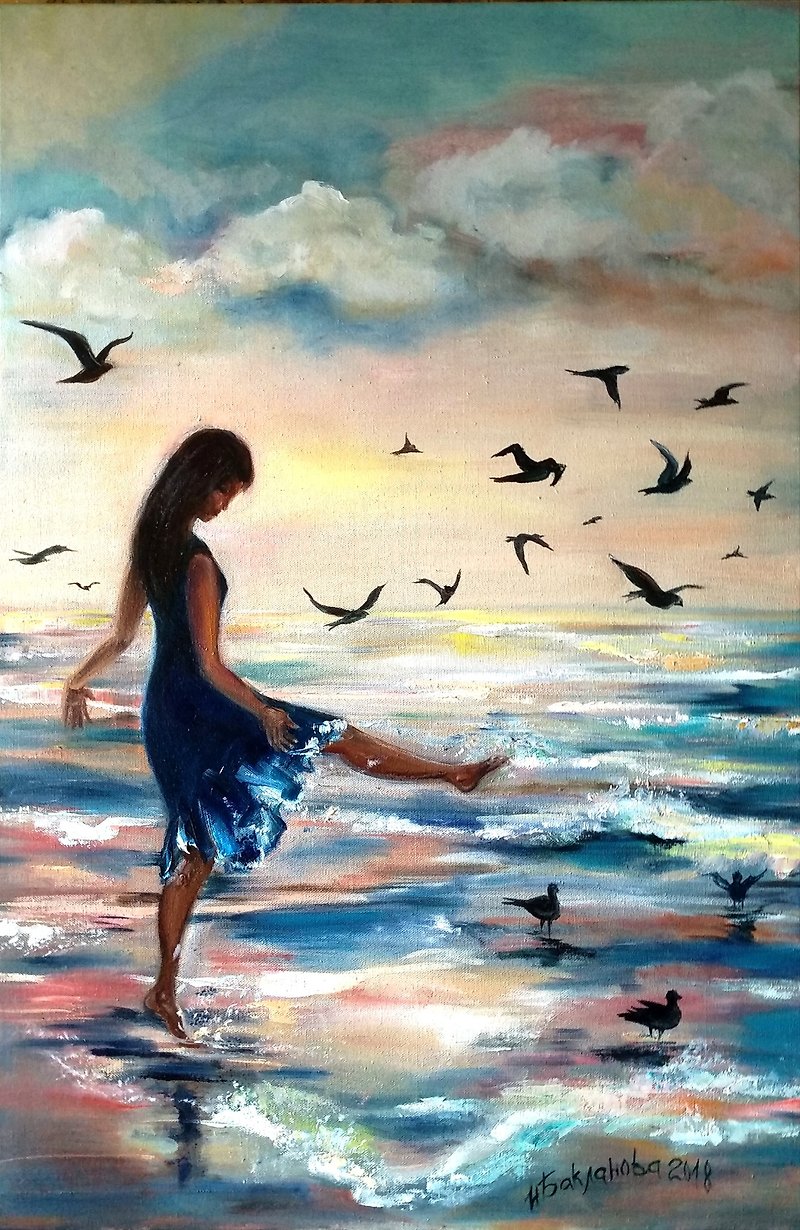 Romantic Sunset Scenery - Girl with Birds Original Painting Modern Impressionism - Wall Décor - Other Materials Blue