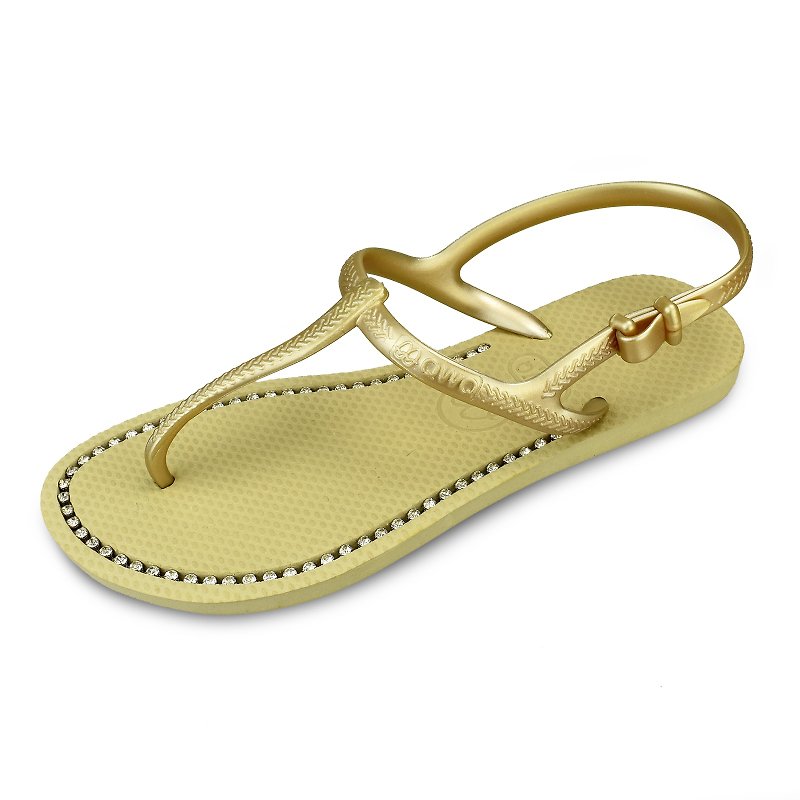 綁帶涼鞋腳型修長款 香檳金色 施華洛世奇水晶最超值 - 拖鞋 - 橡膠 