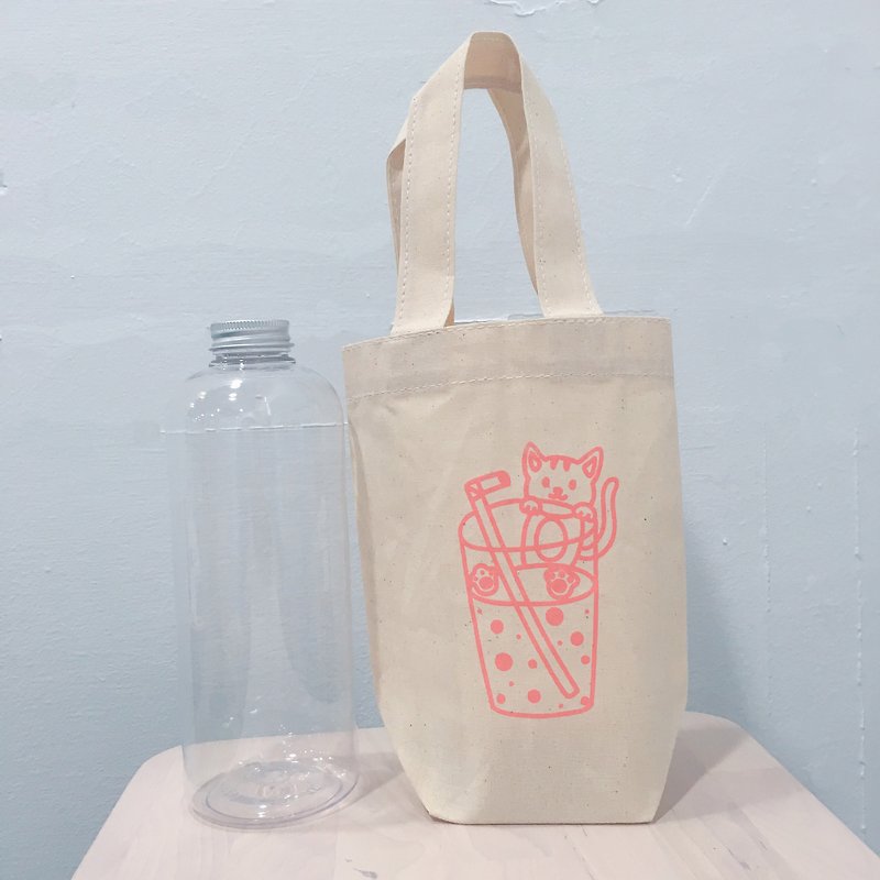Jane milk cat / green canvas drink bag - Handbags & Totes - Cotton & Hemp 