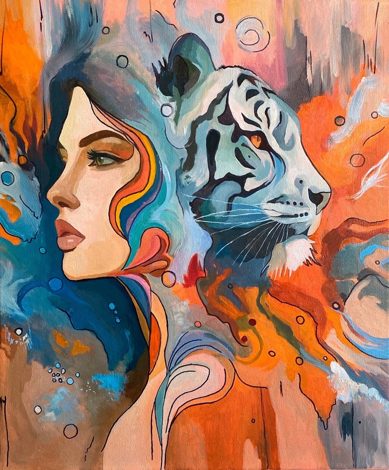 Girl with a tiger original oil painting canvas animal art - ตกแต่งผนัง - ผ้าฝ้าย/ผ้าลินิน 