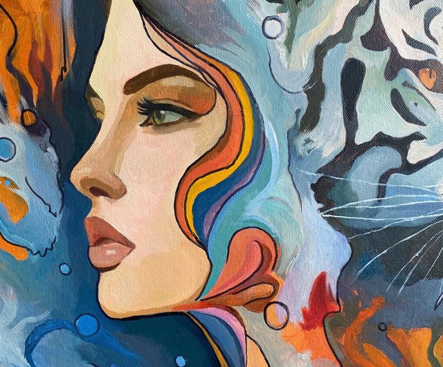 虎を持つ少女 オリジナル油絵 キャンバス 動物アート - ショップ