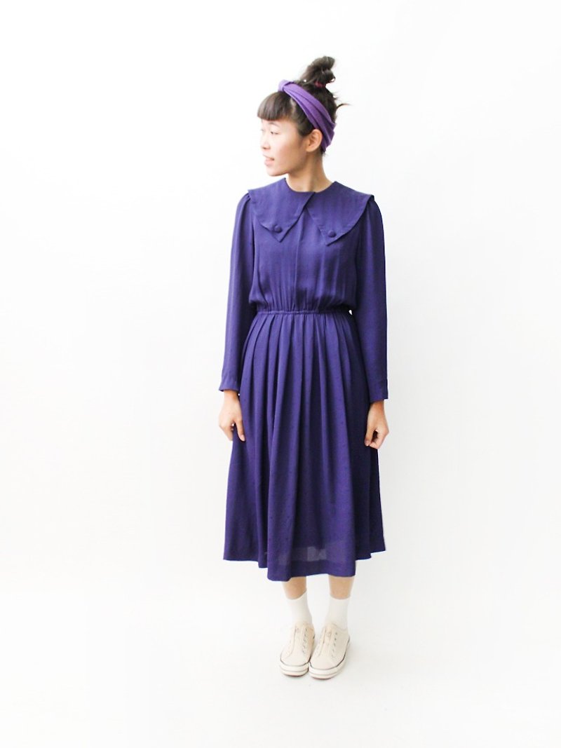 【RE0322D1069]日本のレトロな大ラペル長袖の青紫色の春と夏のヴィンテージドレス - ワンピース - ポリエステル パープル