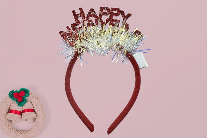 Festive Red Velvet Headband with Happy New Year word foil fringe and Lights. - 髮飾 - 塑膠 紅色