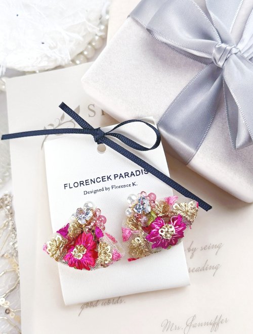 Florencek Paradise 刺繡絲帶耳環/復古耳環/ 時尚閃石耳環/蕾絲耳環/民族耳環