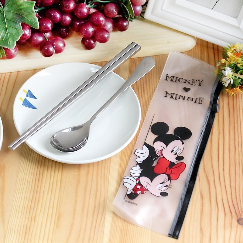 【Disney 迪士尼】不鏽鋼環保餐具組-米奇米妮 - 筷子/筷子架 - 不鏽鋼 