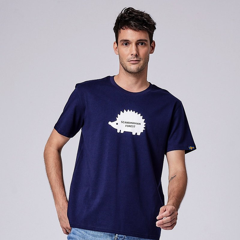 Little Hedgehog SCANDINAVIAN FOREST Print 100% Cotton Short T-Deep Sea Blue (Dark Blue) - Men's T-Shirts & Tops - Cotton & Hemp 