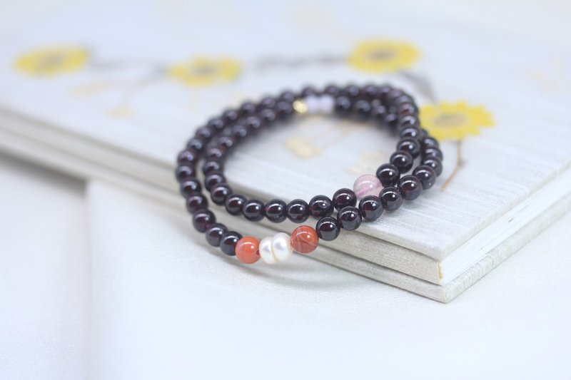 [Stone] Natural crystal Stone 2-circle bracelet for girls birthday gift January Stone - สร้อยข้อมือ - หยก สีแดง