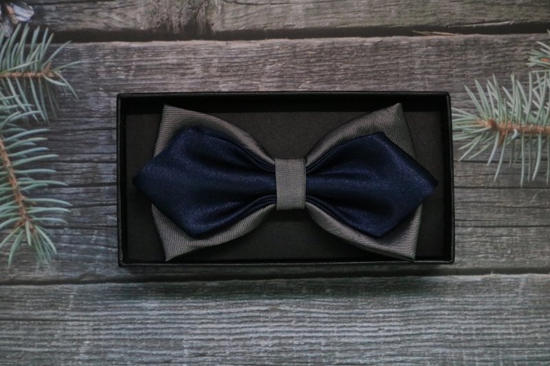 Blue grey contrast heavy silk double layer bow tie original design bridegroom's - Bow Ties & Ascots - Silk Multicolor