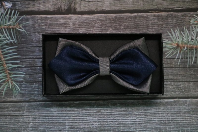 Blue grey contrast heavy silk double layer bow tie original design ...