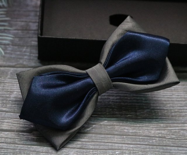 Blue grey contrast heavy silk double layer bow tie original design