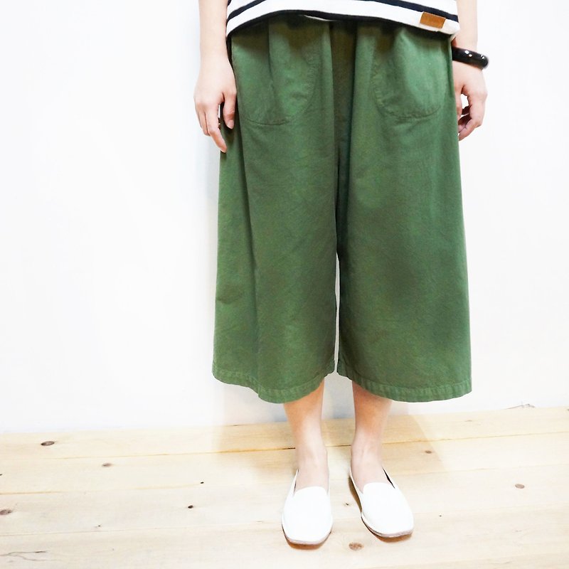 Comfortable cotton cropped wide pants / green - กางเกงขายาว - ผ้าฝ้าย/ผ้าลินิน สีเขียว