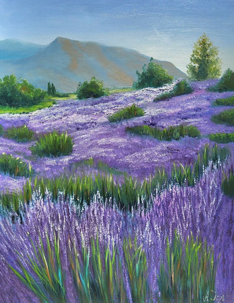 French Lavender Painting Landscape Original Art Mountain Artwork French Lavende - วาดภาพ/ศิลปะการเขียน - ลินิน 