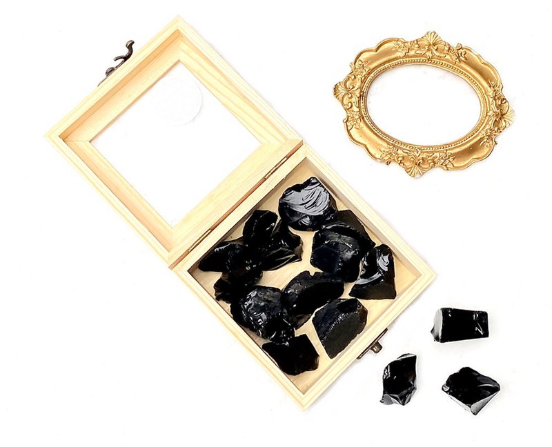 Natural Large Obsidian Rough Stone 300g-Large Capacity Pine Box Purification, Charging and Degaussing Set - Other - Crystal Black