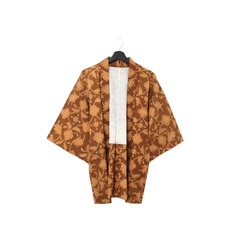 Back to Green-日本帶回羽織 花多交織 棕橘kb-67/vintage kimono - 女大衣/外套 - 絲．絹 