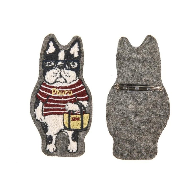 Kusuguru Japan 胸針 別針 日本相良刺繡絨毛立體造型-鬥牛犬灰色 - 胸針 - 聚酯纖維 灰色