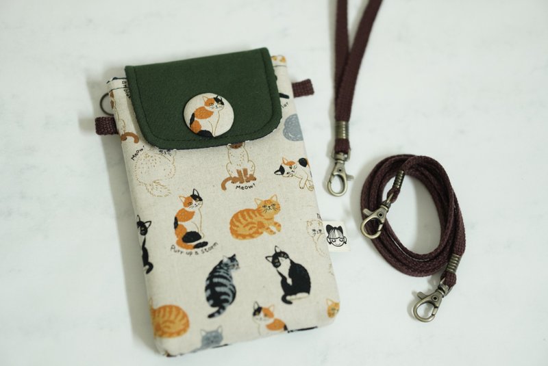 Dual-purpose large mobile phone bag cat collection linen white/green/military green/denim blue - กระเป๋าแมสเซนเจอร์ - ผ้าฝ้าย/ผ้าลินิน สีเขียว