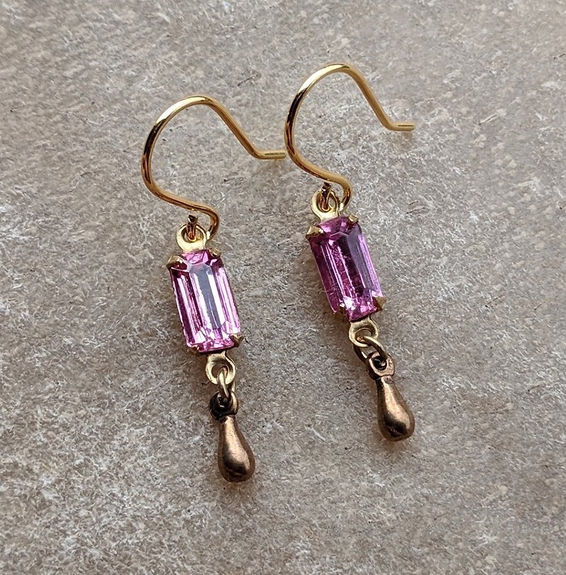 粉紅古董玻璃黃銅耳環 - 耳環/耳夾 - 玻璃 