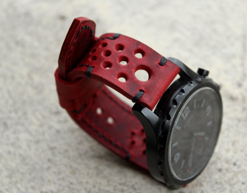 Real Leather Watch Band, Ruby Rally Men's Leather Watch Strap perforated band - Watchbands - Genuine Leather Red