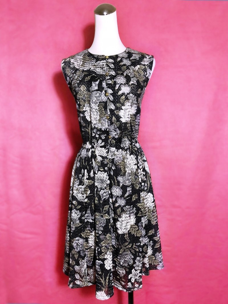 Flower textured sleeveless vintage dress / Bring back VINTAGE abroad - One Piece Dresses - Polyester Black