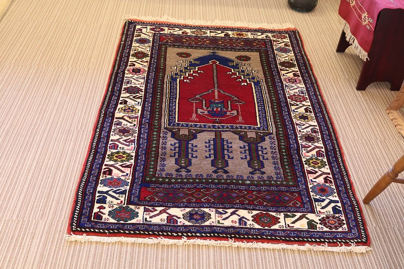 Hand-woven Turkish rug Setchade pattern Wool Plant dyed Handmade rug 165 × 110cm - ผ้าห่ม - วัสดุอื่นๆ สีแดง