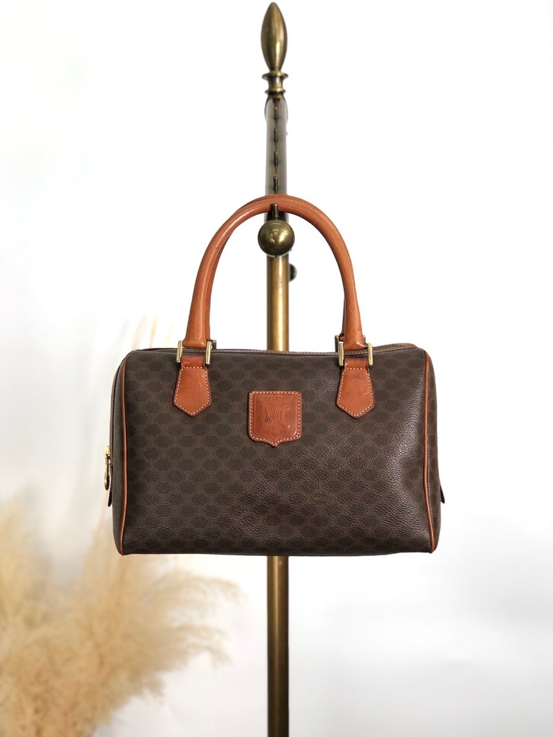 【 日本直送　名牌中古包 】CELINE セリーヌ マカダム ハンドバッグ ブラウン ブラゾン型押し PVC レザー ミニボストン vintage akh2uk - 手提包/手提袋 - 防水材質 咖啡色