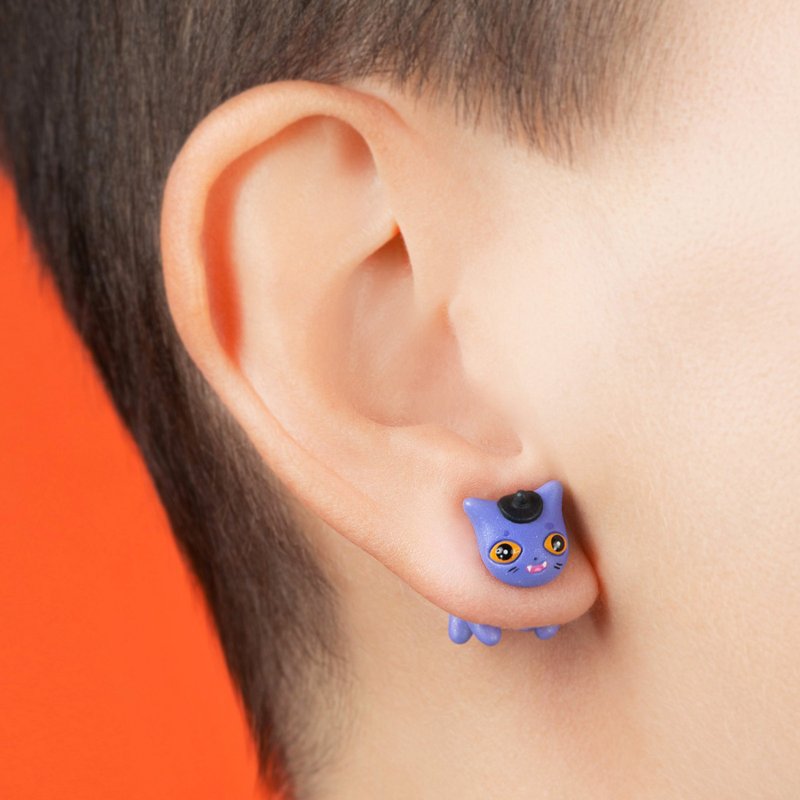 Purple Witch Kitty Earrings - Cute Jewelry for Cat Lovers - Handmade Art - ต่างหู - วัสดุอื่นๆ สีม่วง