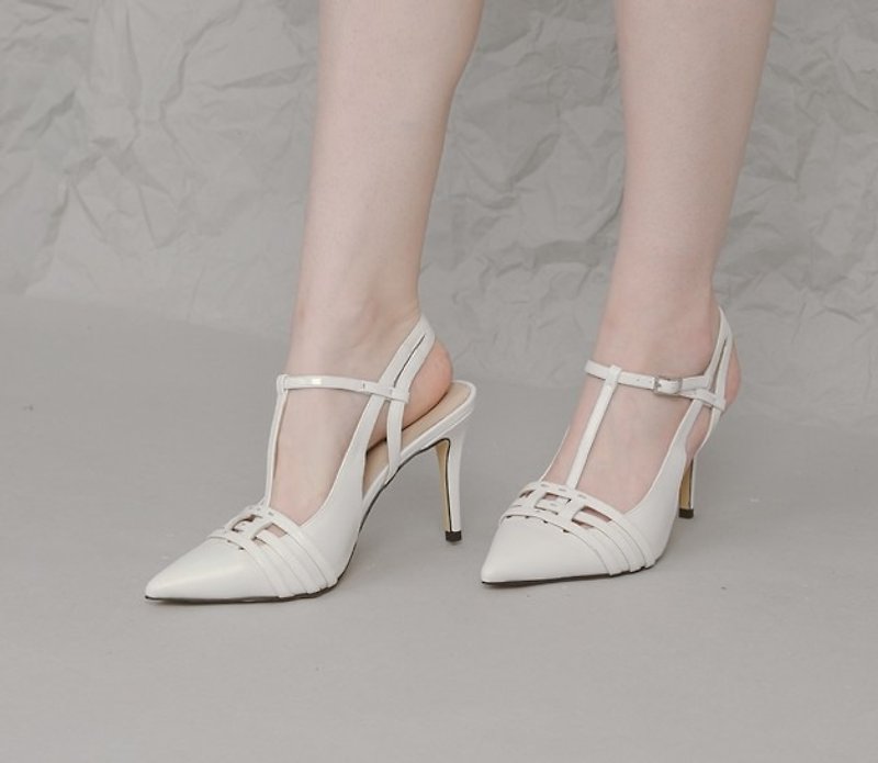 Basket empty belt overlapping tip fine high-heeled leather sandals white - รองเท้ารัดส้น - หนังแท้ ขาว