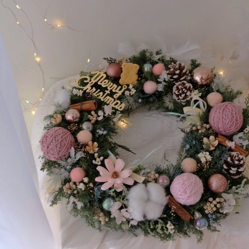 クリステル★くまの森のボリュームリース★クリスマスリース★フラワーリース かわいいクマ杉クリスマスリース韓国ピンク装飾永遠のクリスマス