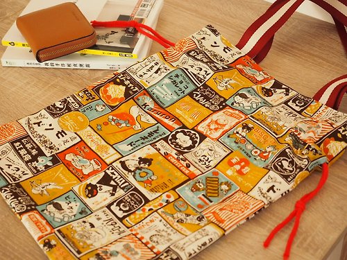sunflowercorsage 手工製作 橘黃懷舊日式海報圖案 棉麻索繩帆布袋