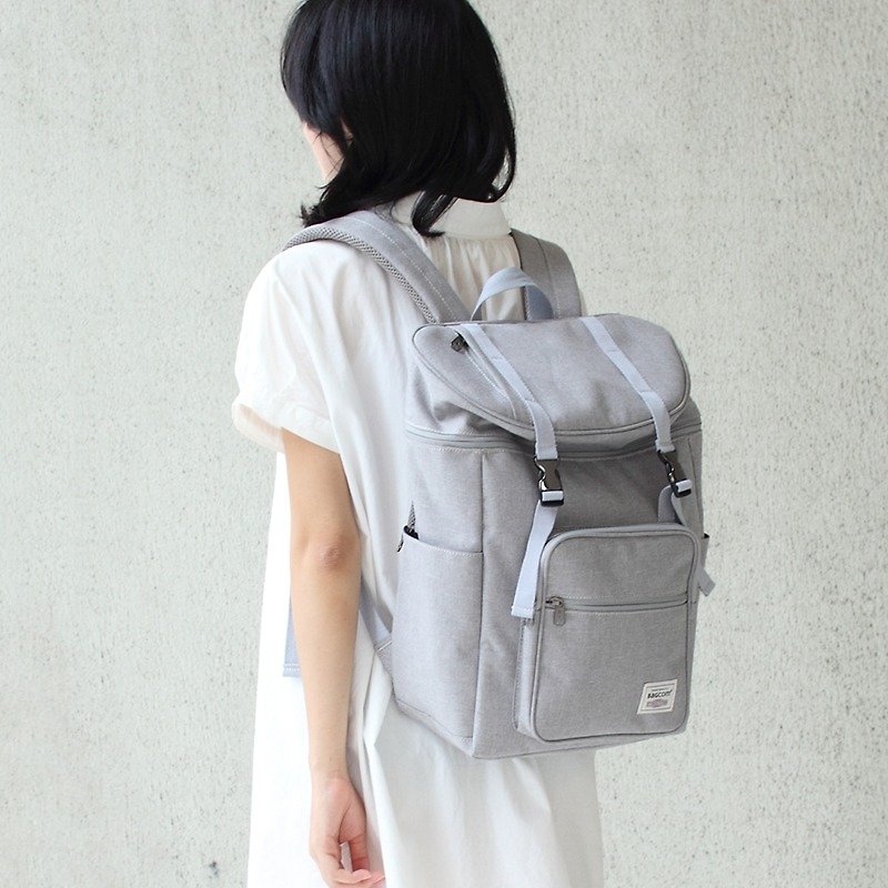 Hemp double buckle backpack (14'' Laptop OK) - Ma light gray _100398-05 - กระเป๋าเป้สะพายหลัง - ผ้าฝ้าย/ผ้าลินิน สีเทา