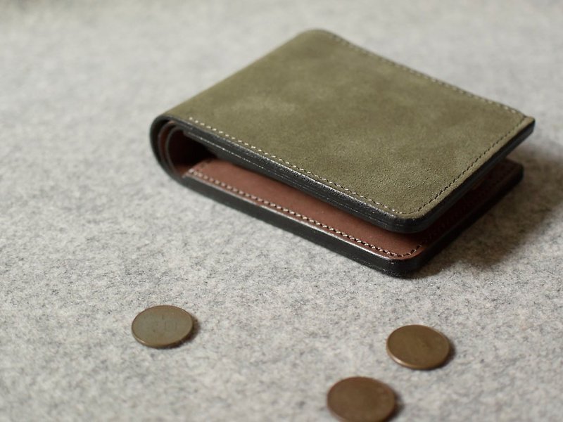 8 cards + photo pocket + coin pocket + double bills + double inner pockets green suede + dark wood leather - กระเป๋าสตางค์ - หนังแท้ 