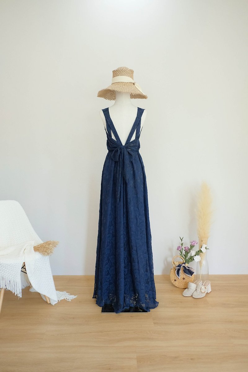 Navy Lace dress Bridesmaid Bridal Dress Prom Cocktail Party Wedding Dress - Evening Dresses & Gowns - Polyester Blue