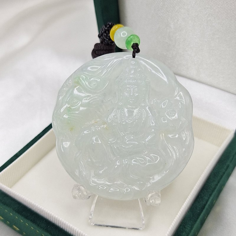 冰起膠灑金飄花 文殊菩薩吊墜 生肖兔守護神 | 天然緬甸玉A貨翡翠 - 項鍊 - 玉石 
