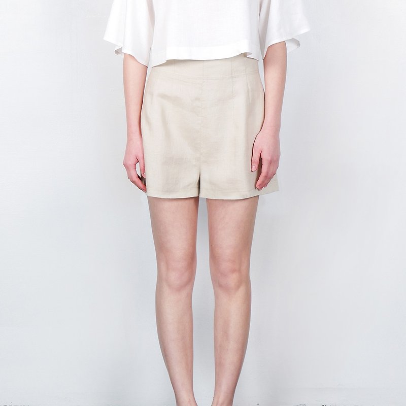 Black and White Cut SS High Waist Compression Shorts Cream Brown - กางเกงขายาว - ผ้าฝ้าย/ผ้าลินิน สีกากี