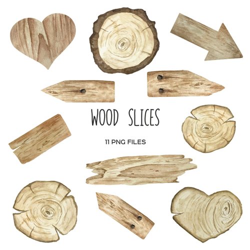 Art and Funny Watercolor wood slices and hearts clipart 11 PNG elements