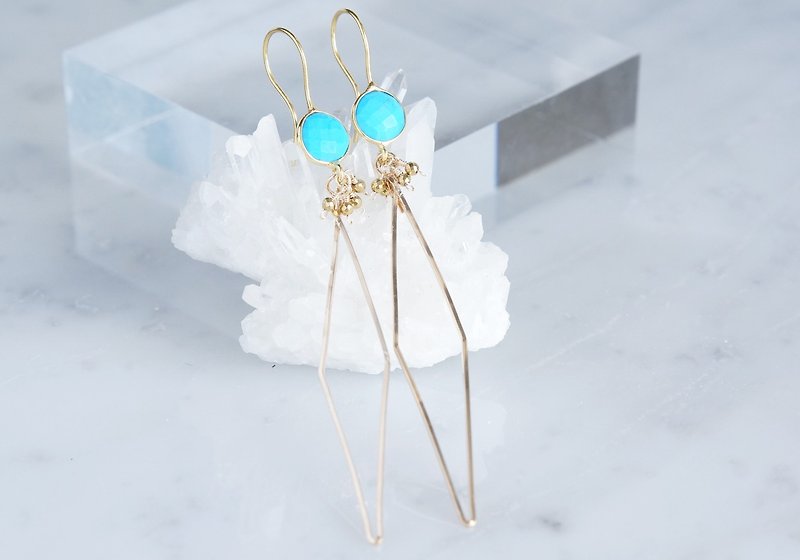 Long Dangle Earrings, Gemstone Turquoise, -14 KGF Diamond Shape- - Earrings & Clip-ons - Gemstone Blue