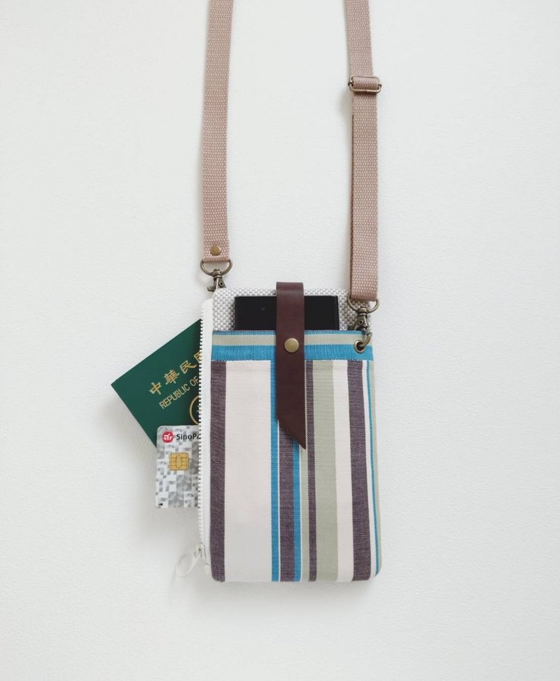 Upgraded version! [FPH/3Way mobile phone bag (can be straight or horizontal)] French striped Japanese canvas - Messenger Bags & Sling Bags - Cotton & Hemp Blue