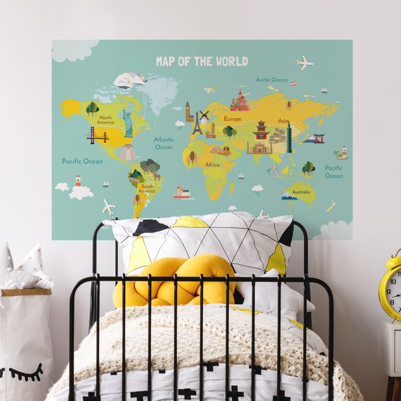 [Easy Wall Sticker] Children's World Map | Famous Buildings - Traceless/Home Decoration - Wall Décor - Polyester 