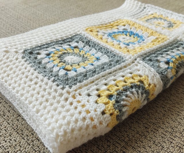 Wool crochet baby blanket white granny square warm