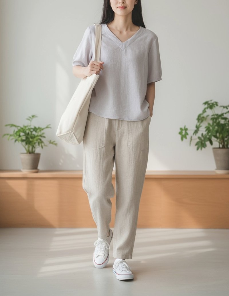 【月亮手作り】柔亞麻、月光灰衣衫 - 女裝上衣 - 棉．麻 