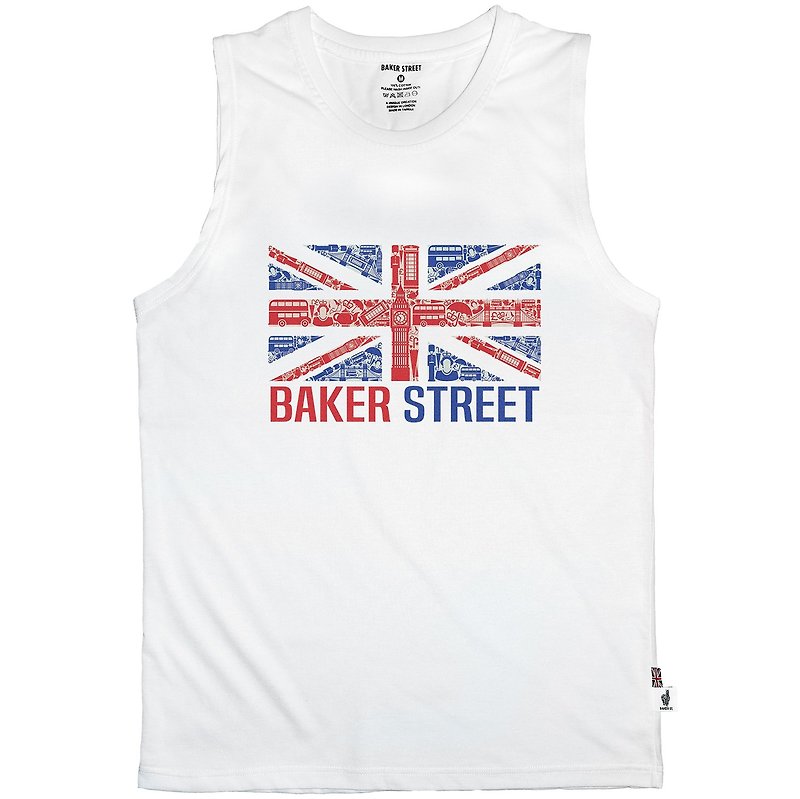 British Fashion Brand -Baker Street- Union Jack Printed Tank Top - เสื้อกั๊กผู้ชาย - ผ้าฝ้าย/ผ้าลินิน ขาว