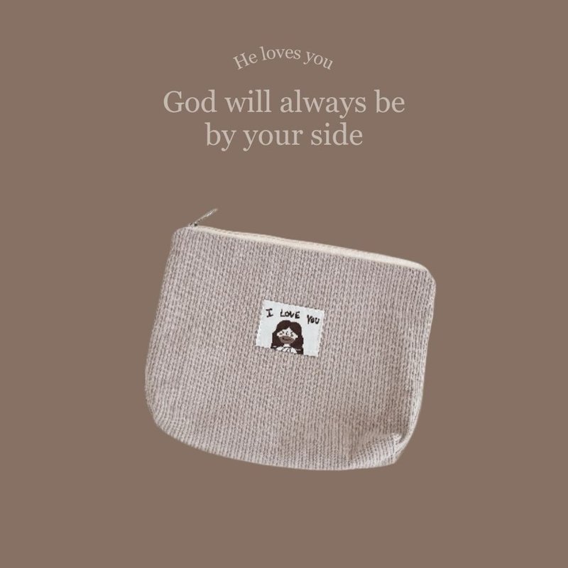 JIN CHA GOD-corduroy zipper clutch I love you hand-painted Jesus corduroy zipper - กระเป๋าเครื่องสำอาง - ไฟเบอร์อื่นๆ 