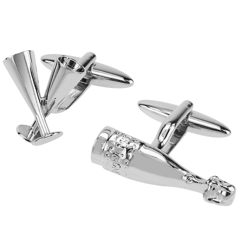 Champagne Wine Bottle and Glasses Cufflinks - Cuff Links - Other Metals Silver