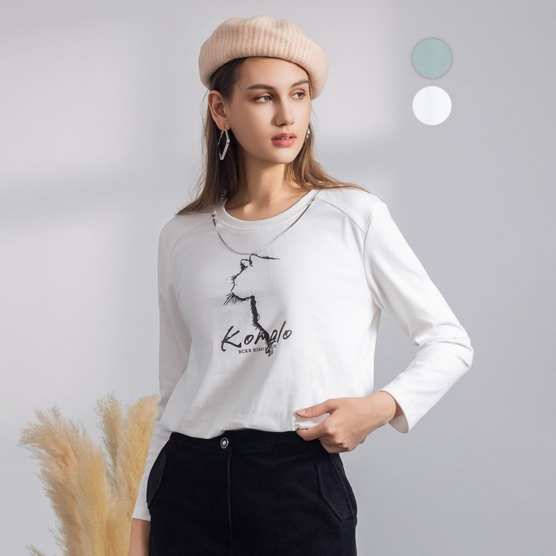 【MEDUSA】貓咪縮口下襬長袖T恤 - 2色(M-XL) | 女T恤 女長袖上衣 - 女 T 恤 - 棉．麻 白色
