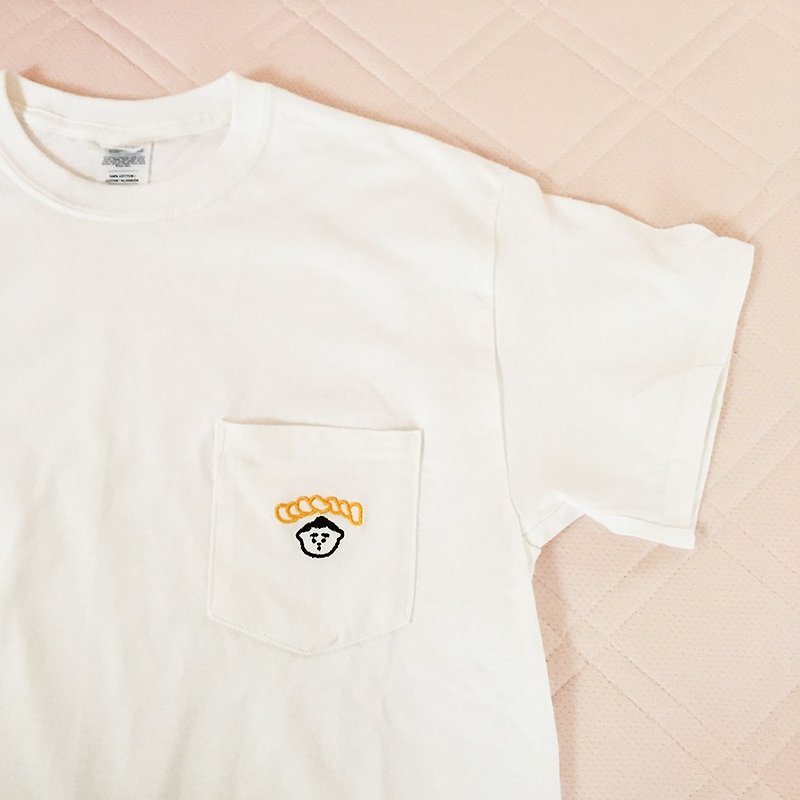 Omusumo Embroidery Pocket T-shirt White M - เสื้อฮู้ด - ผ้าฝ้าย/ผ้าลินิน ขาว